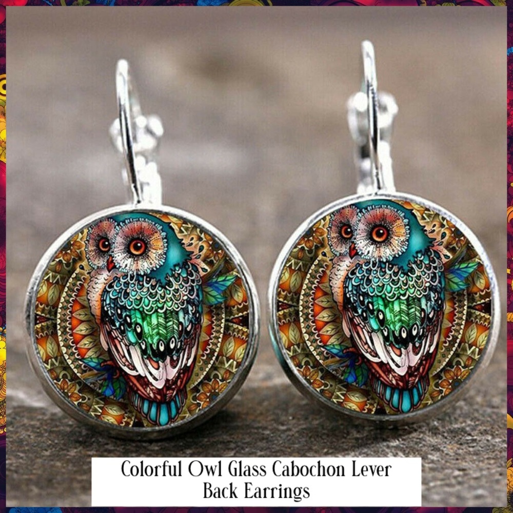 3-$15 Vivid Owl Cabochon Glass Lever Back Earrings